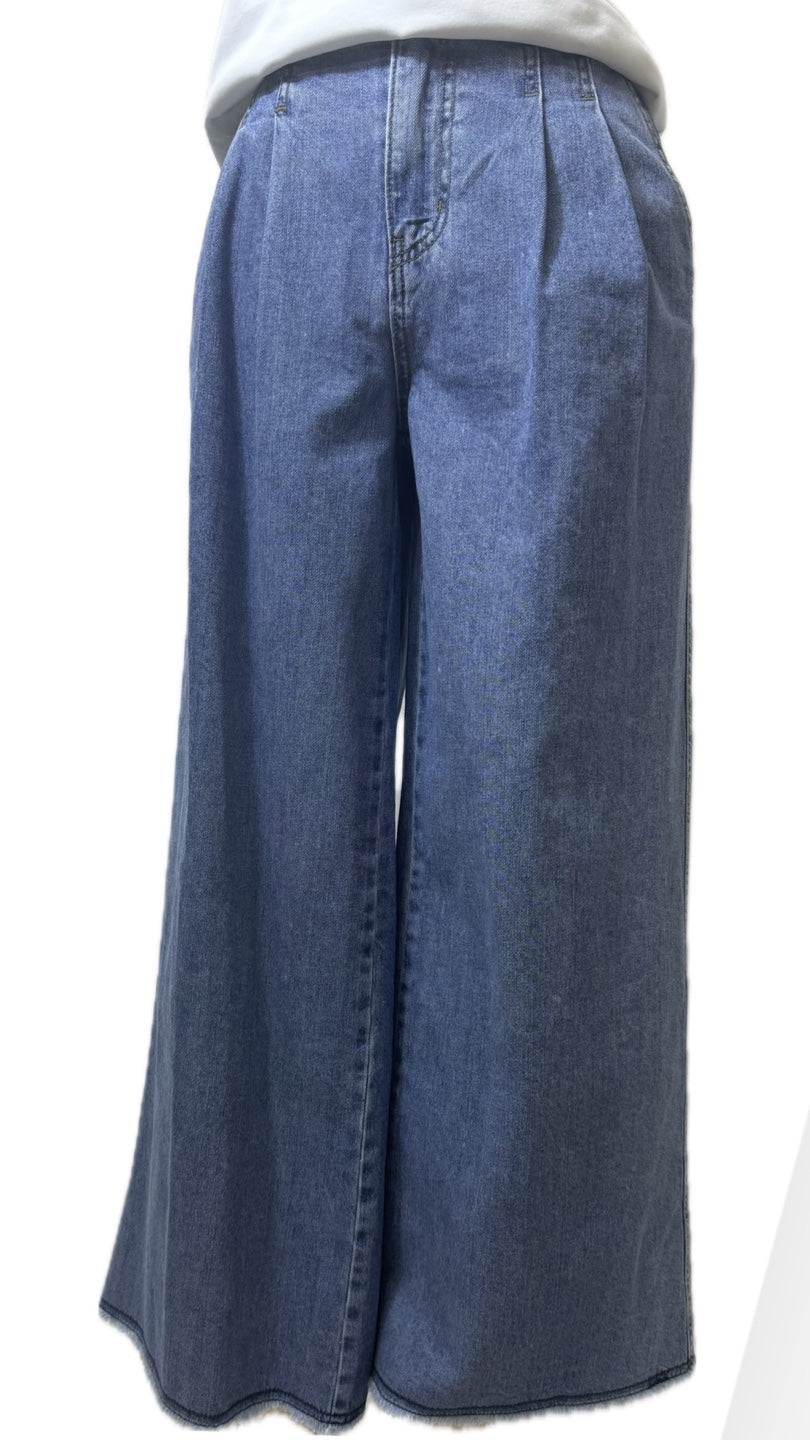 Wide-Leg Denim Pants with Pearl Ribbon Detail