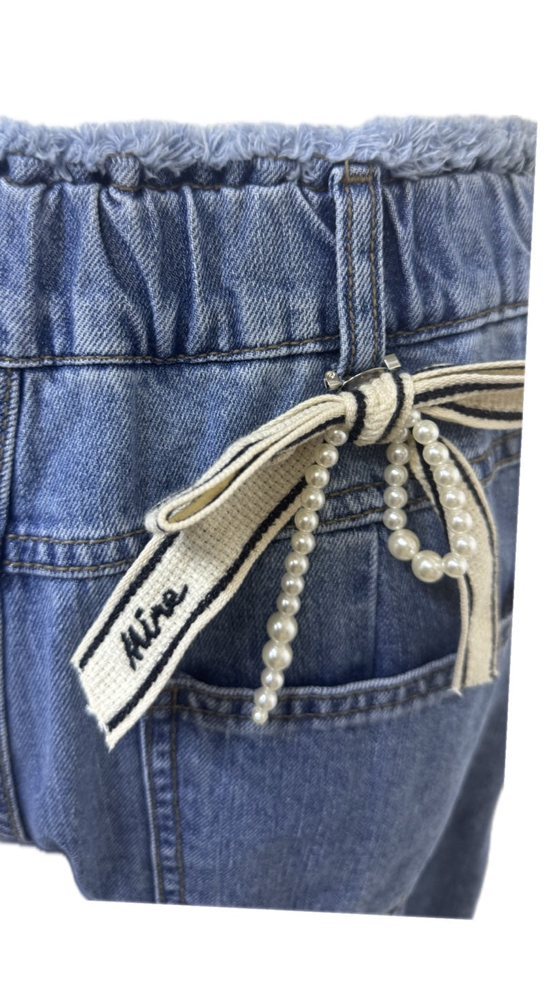 Wide-Leg Denim Pants with Pearl Ribbon Detail