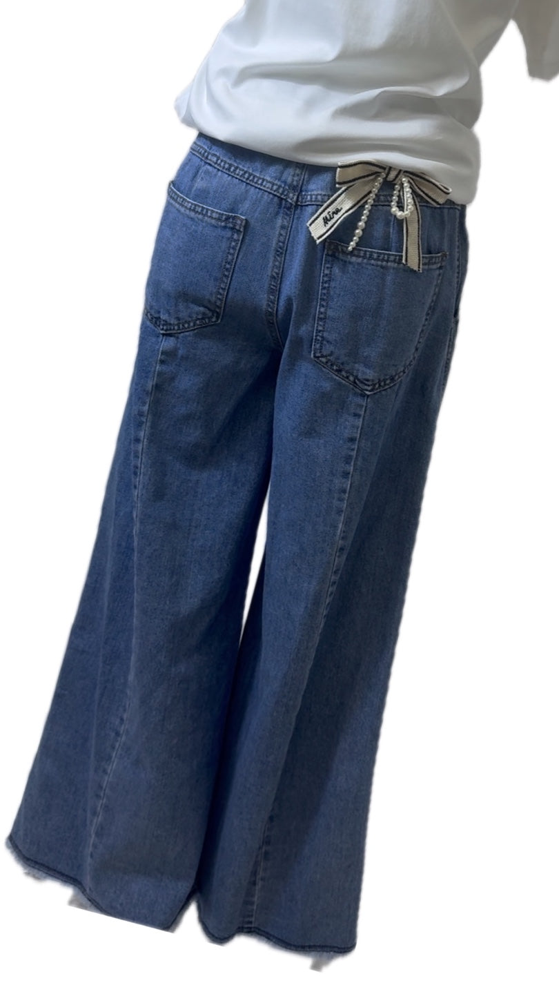 Wide-Leg Denim Pants with Pearl Ribbon Detail