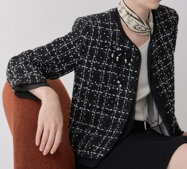 Wool Blend Tweed Jacket & Pearl Ribbon Brooch