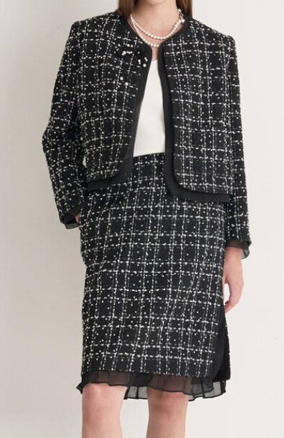 Wool Blend Tweed Jacket & Pearl Ribbon Brooch