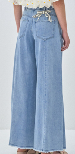 Wide-Leg Denim Pants with Pearl Ribbon Detail