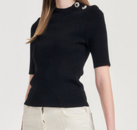 Ribbed Shoulder Button Knit Top