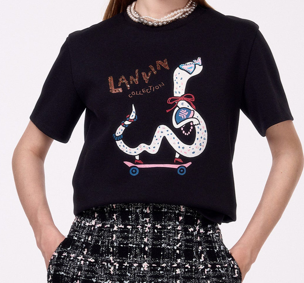 [K-LUX] Embellished Sequin & Bead Print Half Sleeve Top