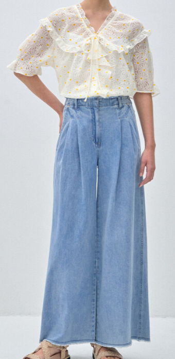 Wide-Leg Denim Pants with Pearl Ribbon Detail