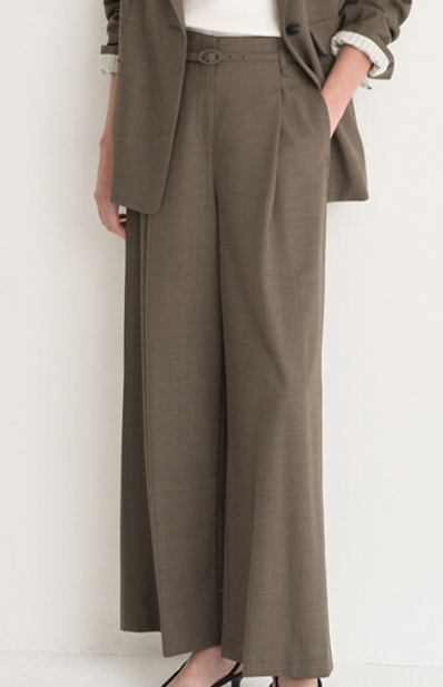 Wool Blend Belted One-Tuck Back Banding Pants