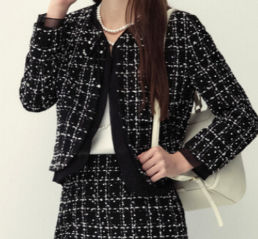 Wool Blend Tweed Jacket & Pearl Ribbon Brooch