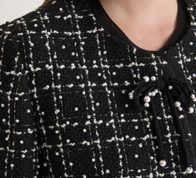Wool Blend Tweed Jacket & Pearl Ribbon Brooch