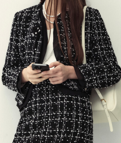 Wool Blend Tweed Jacket & Pearl Ribbon Brooch