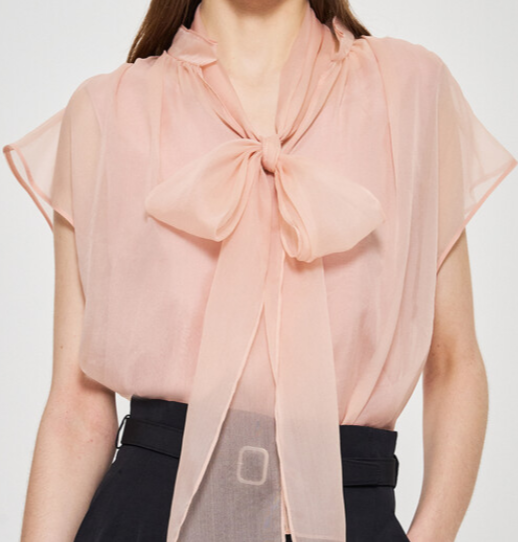 Silk Blend See-though Tie Blouse