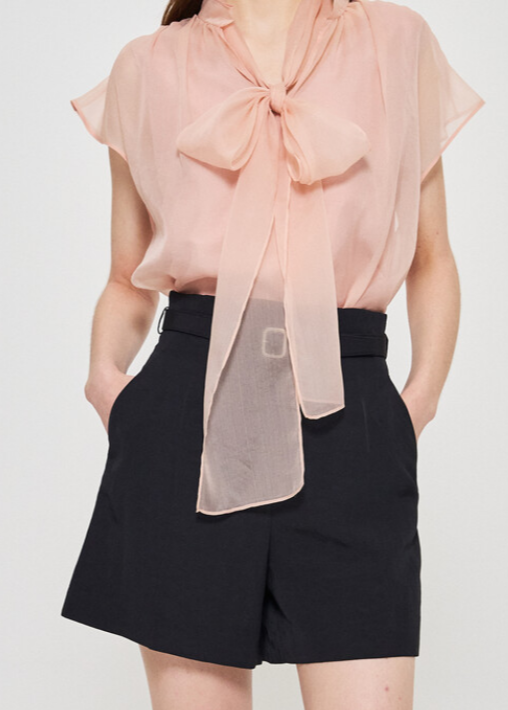 Silk Blend See-though Tie Blouse
