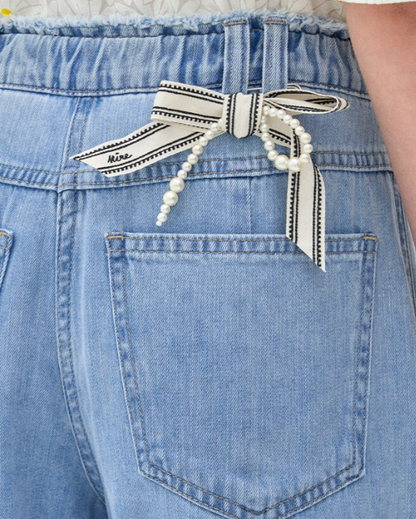 Wide-Leg Denim Pants with Pearl Ribbon Detail