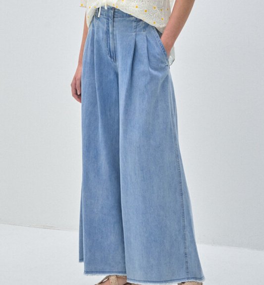 Wide-Leg Denim Pants with Pearl Ribbon Detail